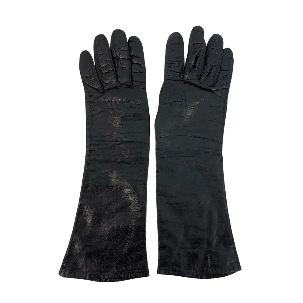 Bambergers Macys Whitbey Black Leather Long Gloves Silk Lining Made in Italy 6.5